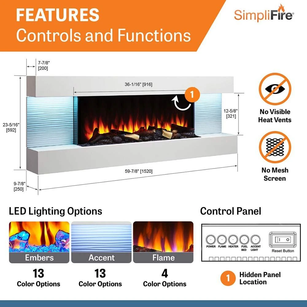 SimpliFire SF-FORMAT36-SF-FM60-WH Format 36-Inch Wall Mount Electric Fireplace With 60-Inch Floating Mantel 5 SimpliFire SF-FORMAT36-SF-FM60-WH Format 36-Inch Wall Mount Electric Fireplace With 60-Inch Floating Mantel - Image 5